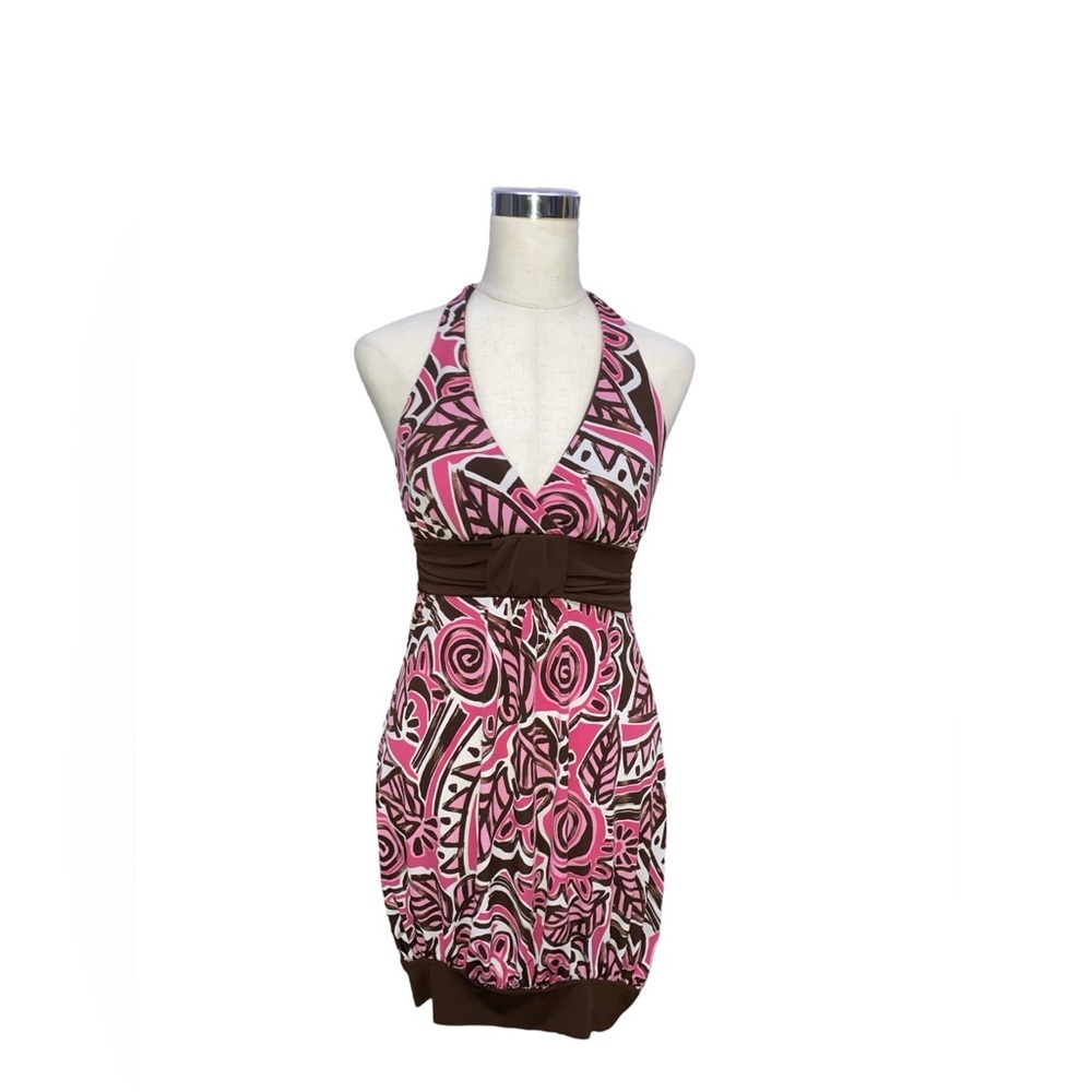 Speechless Brown And Pink Abstract Design Backless Halter Dress